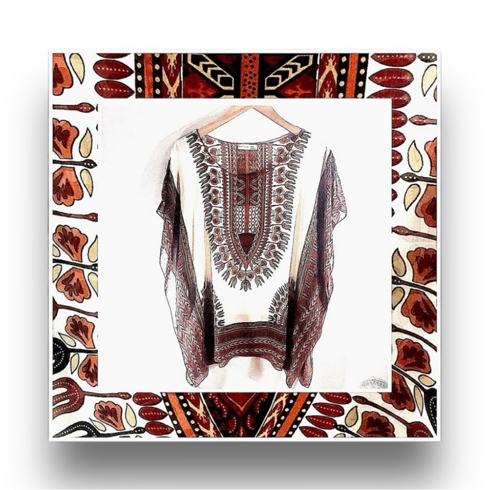 AGACI Vintage Sheer Caftan Top brown rust in a Tribal print One Size - Picture 6 of 6